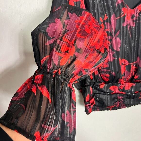 Lane Bryant Dress Shirt 16 Classic Black And Red Floral Flirty Cropped - Picture 4 of 13